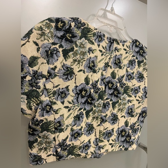 NEW En Saison Jacquard vintage fall floral green blue crop blouse - Picture 6 of 10